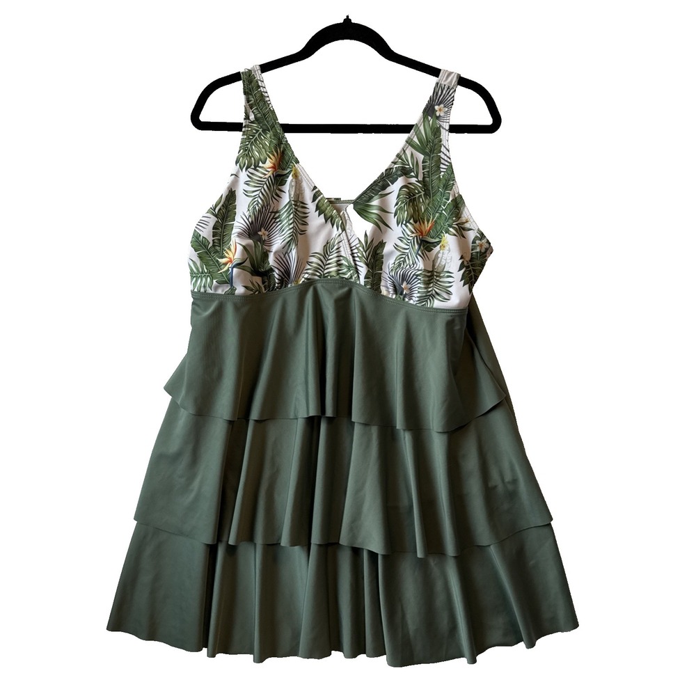 Tropical Floral Olive Green Tiered Skirt‎ Swim Tankini Dress 2XL Resort Hawaii